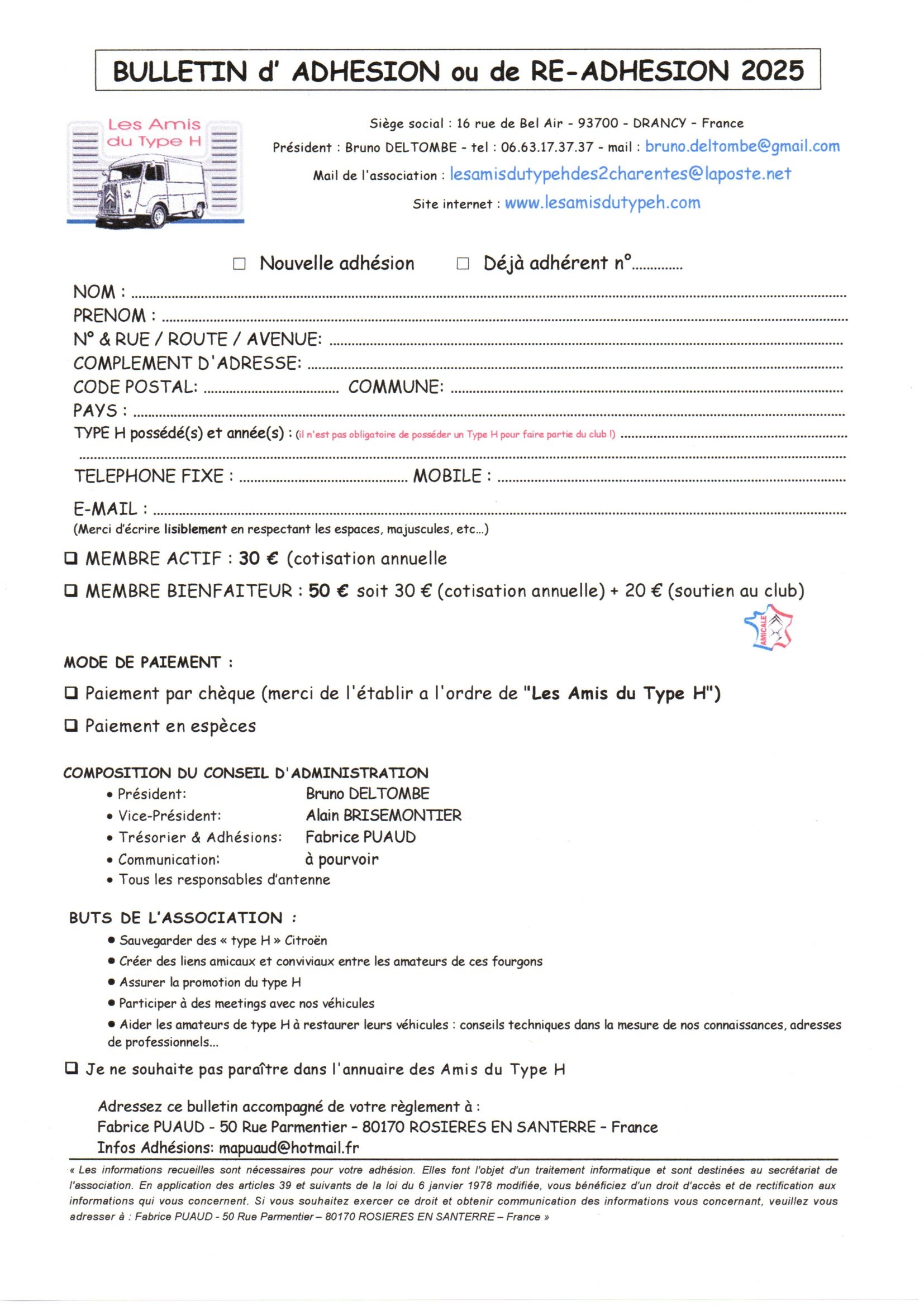 Bulletin d adhesion 2025 mail et courrier